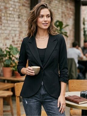 ModCloth Fine and Sandy Ruched Sleeve Blazer Black Size M NWT